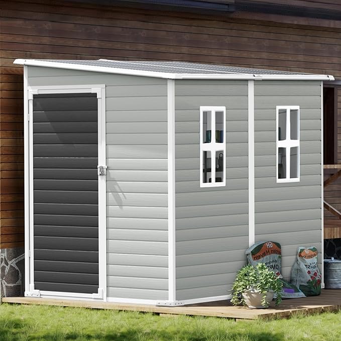 8x4x6 FT Resin Lean to Shed, Waterproof Outdoor Storage Shed with Floor, Window, Lockable Door & 2 Windows, Tool Shed for Patio Garden, Lawn, Backyard, Dove Grey