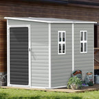 8x4x6 FT Resin Lean to Shed, Waterproof Outdoor Storage Shed with Floor, Window, Lockable Door & 2 Windows, Tool Shed for Patio Garden, Lawn, Backyard, Dove Grey