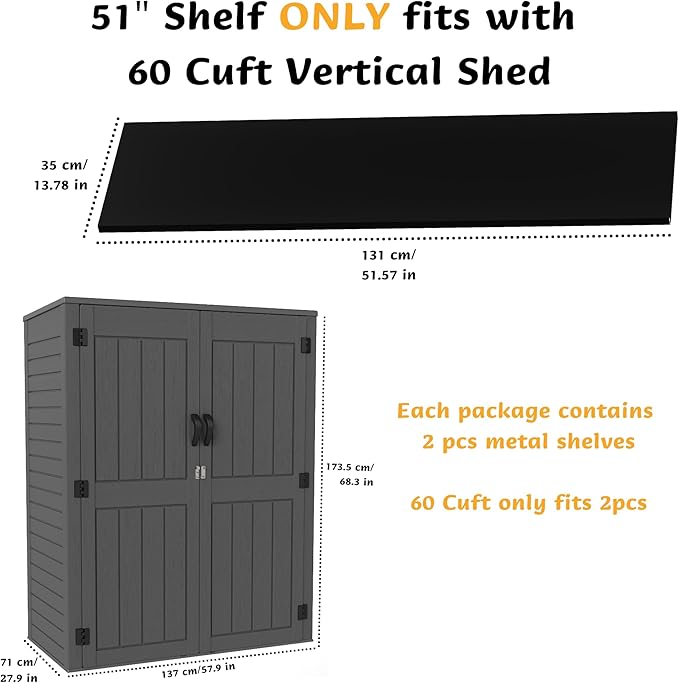 Vertical Resin Storage Shed with 2 Shelves, 60 Cuft Garden Tool Sheds & Outdoor Storage, Plastic Outdoor Storage Cabinet Waterproof, 4.5 x 2.3 ft Backyard Outside Lawn Mower Storage Shed, Grey