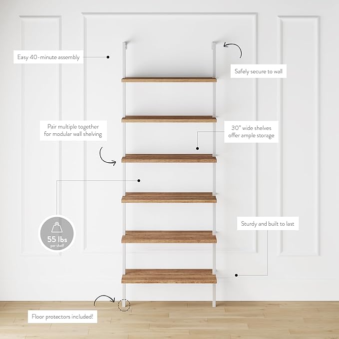 Nathan James Theo 6-Shelf Tall Bookcase, Wall Mount Bookshelf with Natural Wood Finish and Industrial Metal Frame, Rustic Oak/White