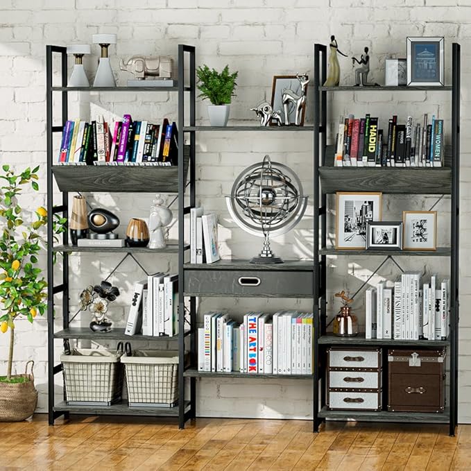 NUMENN Triple Wide 5 Tier Bookshelf, Adjustable Rustic Industrial Style Book Shelves, Modern Bookcases and Bookshelves Furniture for Bedroom, Living Room and Home Office, Dark Grey