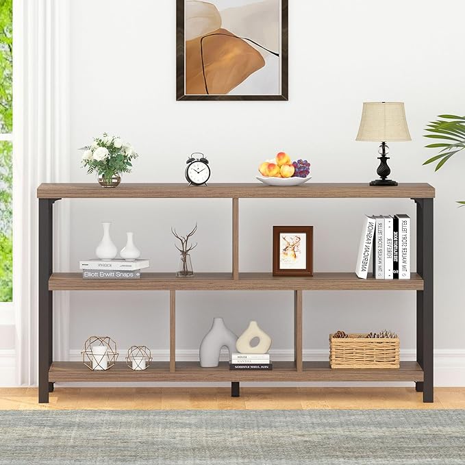 IBF 5 Cube Storage Organizer, Industrial Low Horizontal Bookshelf, Modern Wide Wood and Metal Bookcase with Book Storage, Short Open Cubby Book Shelf for Office Bedroom Living Room, Rustic Oak, 47 in