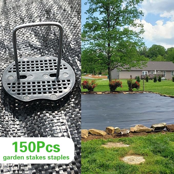 Bakulyor 150Pcs Landscape Staples + 150Pcs Gasket, 6 Inch Garden Stakes Staples 11 Gauge U Shaped Galvanized Lawn Landscape Pins, Heavy Duty Yard Ground Pin for Weed Barrier Sod Fabric Decorations