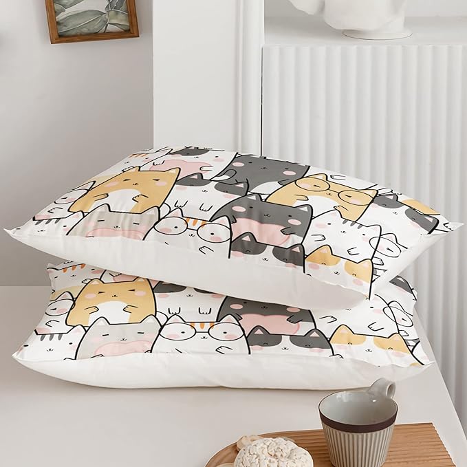 Kawaii Cat Comforter Queen Size,Cats Comforter Set for Kids Teens Girls Boys,3Pcs Bedding Set Printed Comforter with 2 Pillowcases,Down Alternative,Soft and Lightweight，Queen Size