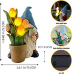 COWOS Garden Gnome Statue, Sculpture of a Dwarf Holding a Shovel and a Flower Pot, Solar Gnome Statues Outdoor Decor, Outside Lawn Patio Yard Ornament Gifts