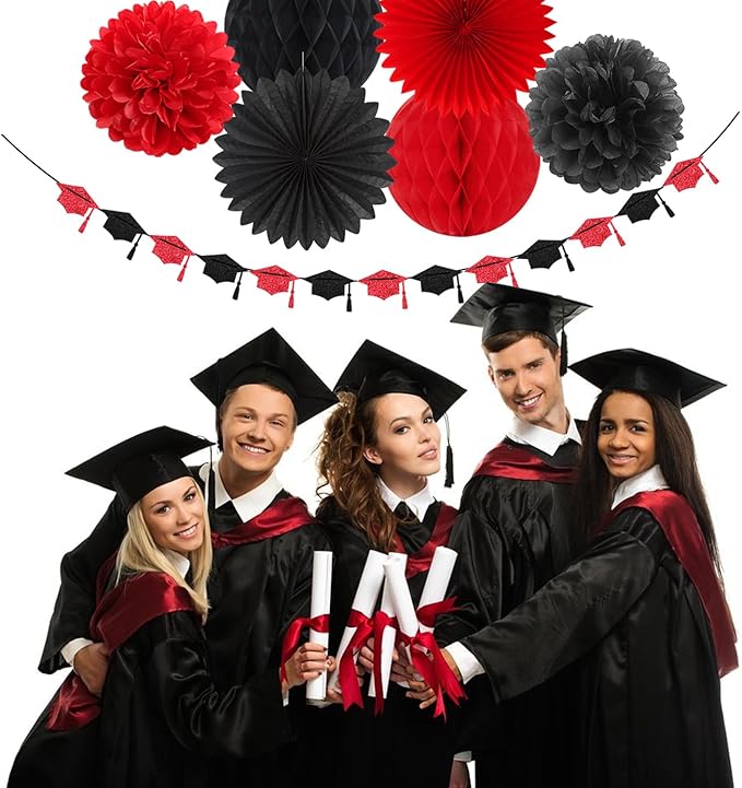 Red Black Party-Decoration Graduation Banner - 14pcs Kits Cap Garland Streamers, Paper Tissue Pom Poms Flowers Fans Honeycomb,Class Of 2025 College High School Grad Decor Hugfond