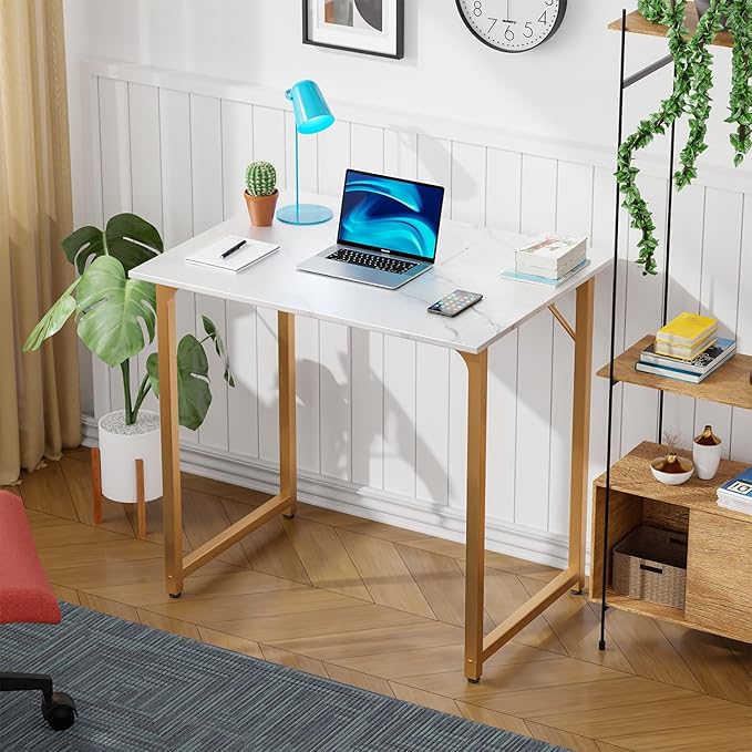 PayLessHere | 32 Inch Computer Desk | White Gold | Office Desk with Metal Frame, Adjustable Feet | Water-Resistant, Scratchproof Surface | Sturdy Writing Table for Home Office or Study | Pack of 1