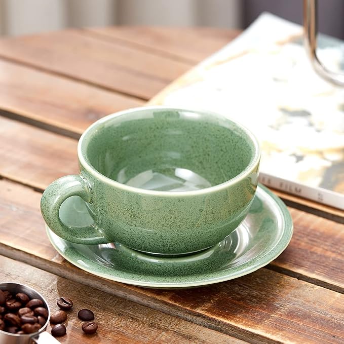 Coffeezone Vintage Design 12 oz Ceramic Latte Art Cappuccino Barista Cup with Saucer (Green)