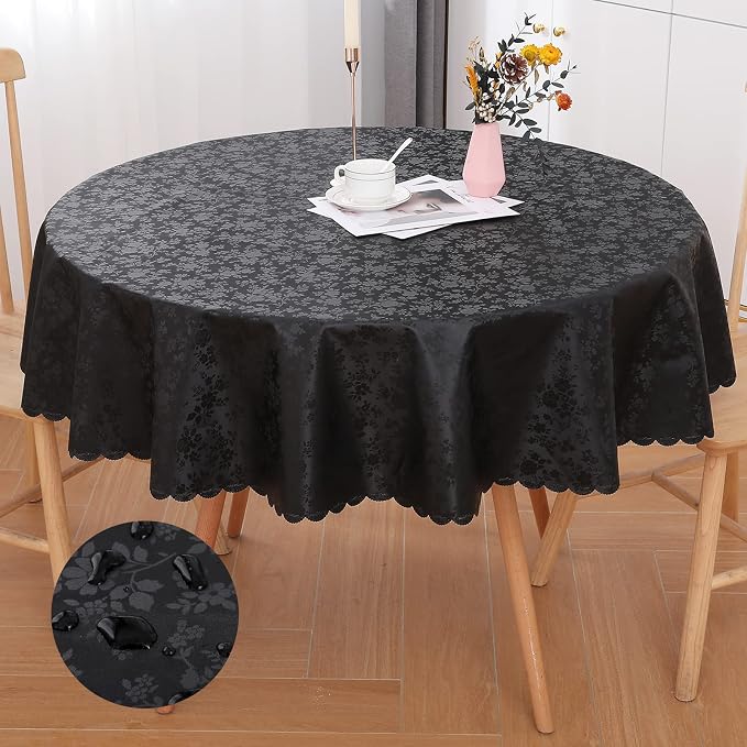 Smiry Round Waterproof Heavy Duty Vinyl Tablecloths, 60 x 60 Inch | Wipeable Washable Floral Embossed Table Cover for Kitchen and Dining Room, Indoor & Outdoor Use, Black