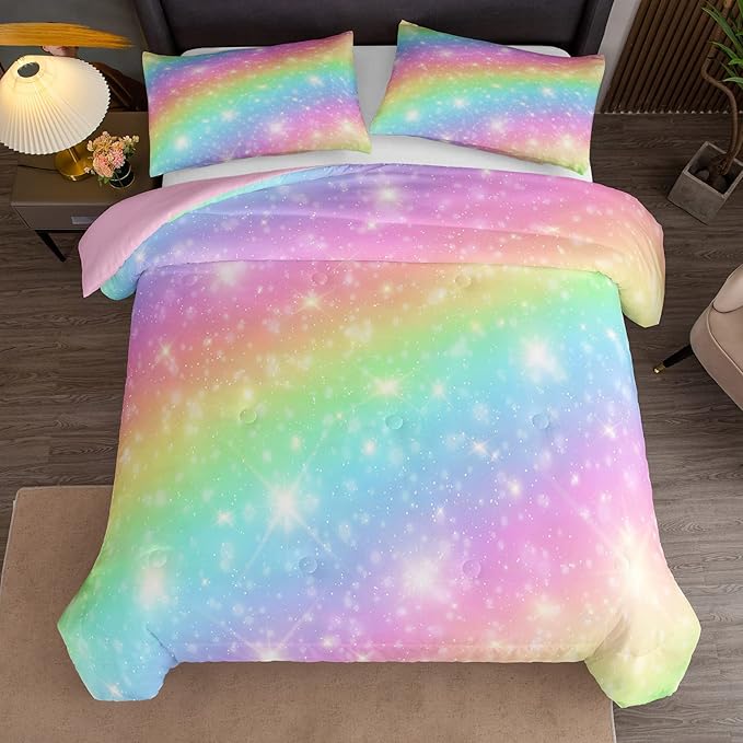 NINENINE Pink Rainbow Bedding Set Girls Bedding Set Queen for Teen Boys Women Soft Microfiber Stars Glitter Bedding Comforter Set -includes 1 Comforter with Matching Pillowcases