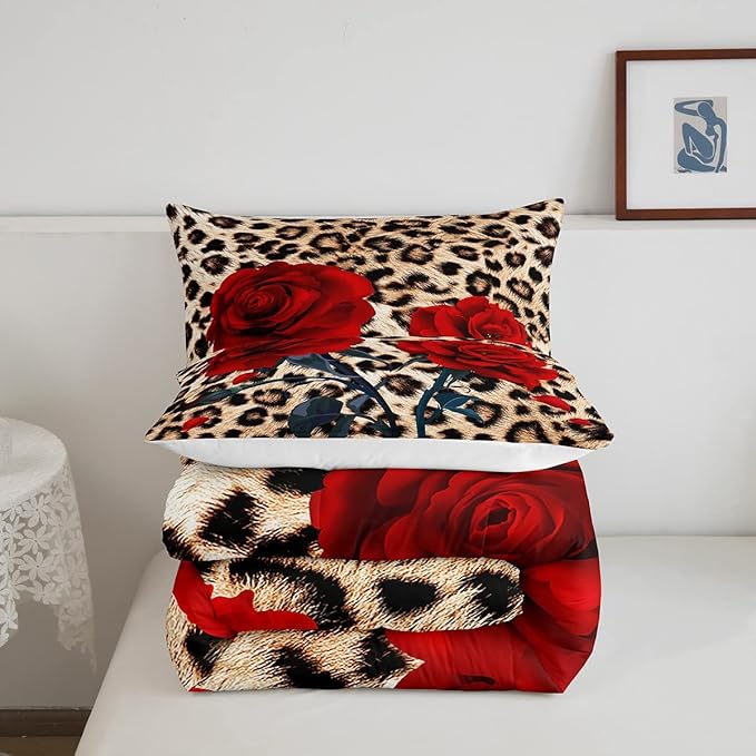 Rose Flower Comforter Set for Teens Adult Women Wedding Gift, Leopard Print Bedding Set Twin Size, Valentine's Day Cheetah Duvet Sets Leopard Animal Skin Down Comforter for Bedroom Decor, Brown