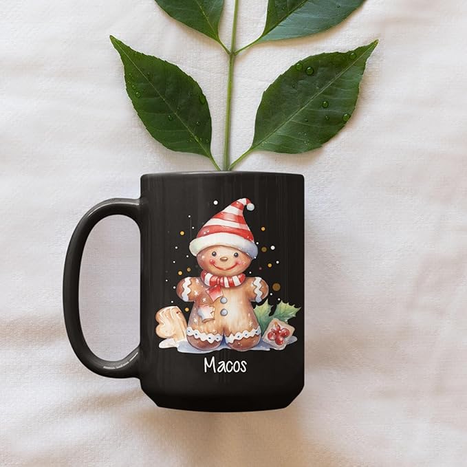 Watercolor Christmas Gingerbread Design Mug, Custom Gingerbread Lover Black Cup, Customized Christmas Coffee Mug With Name, Gift For Boy Girl, Personalized Gingerbread Lover Cup 11oz 15oz