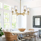 Lynnoland Brushed Gold Chandeliers, 6 Light Farmhouse Chandelier for Dining Room Light Fixtures Over Table, Hanging Light Fixture with Clear Glass Shade for Living Room Bedroom