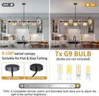 Mid Century Modern Linear Chandelier, 7-Light Black Pendant Light with Amber Glass Globes, Dimmable Kitchen Island Lighting Dining Room Light Fixtures Over Table for Living Room, Entryway & Bedroom