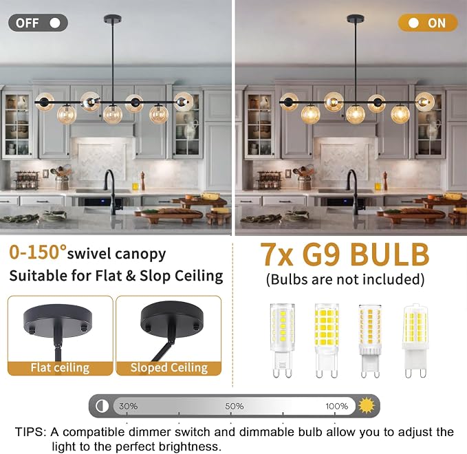Mid Century Modern Linear Chandelier, 7-Light Black Pendant Light with Amber Glass Globes, Dimmable Kitchen Island Lighting Dining Room Light Fixtures Over Table for Living Room, Entryway & Bedroom