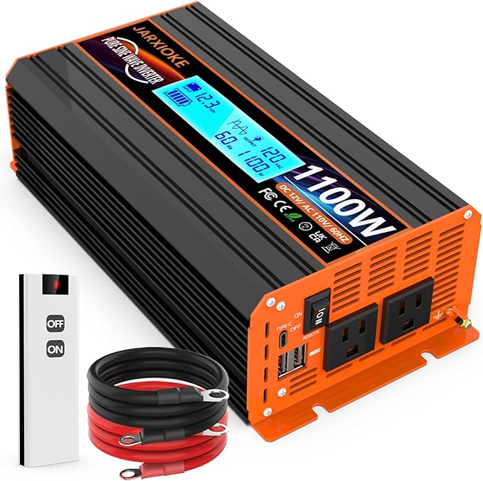 1100 Watt Pure Sine Wave Power Inverter 12V DC to 110V 120V Converter for Family RV Off Grid Solar System Car with Type-C Ports 2 AC Power Outlets Dual USB Ports LCD Display Wireless Remote Control…
