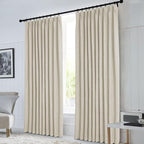 Macochico 100”Wx96”L Pinch Pleated 100% Blackout Linen Curtains Thermal Sliding Curtains for Bedroom Living Room Sliding Glass Door Farmhouse Shabby Chic Ivory White Drapery with Tieback 1 Panel