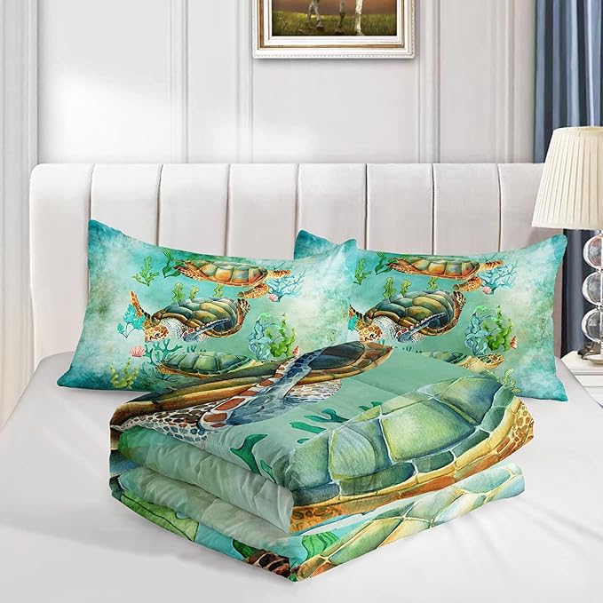 Datura home Sea Turtle Comforter Bedding Set for Kids Teens Adults,Watercolor Sea Turtle Light-Green and Blue Coral Seaweed Ocean Themed Comforter with 2 Pillowcases(Turtle Full),Green Turtle