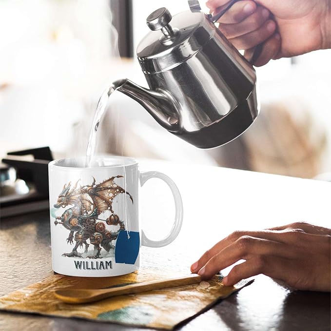 Personalized Name Dragon Lover Ceramic Mug 15oz, Custom Mechanical Dragon Design Coffee Cup, Unique Dragon Mug Gift For Fantasy Enthusiasts, Customized Kid Cup On Birthday, Holiday