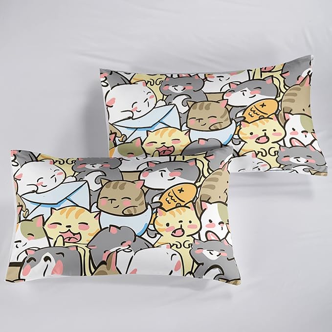 Kawaii Cat Comforter King Size,Cute Cat Comforter Set for Kids Teens Girls,3Pcs Bedding Set Printed Comforter with 2 Pillowcases,Down Alternative,Soft and Lightweight，King Size
