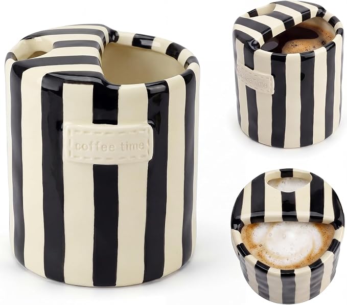 10oz Ceramic Coffee Mug with Sip Hole, Striped Espresso Cups for Hot & Cold Drinks and Microwave & Dishwasher & Freezer Safe, Ideal for Home Desk Kitchen Office Dorm Cafe Travel Daily - Black