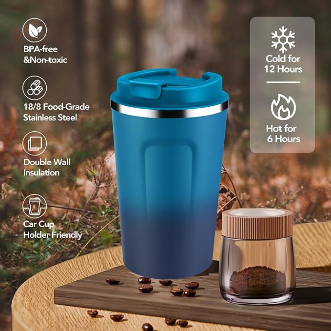 Volhoply 12 oz Double Wall Insulated Vacuum Travel Coffee Mug with Flip Lid,Reusable Stainless Steel Leak Proof Coffee Cup,Portable Cafe Thermal Tumbler Suitable for Hot&Cold Drinks(Dark Night,1 Set)