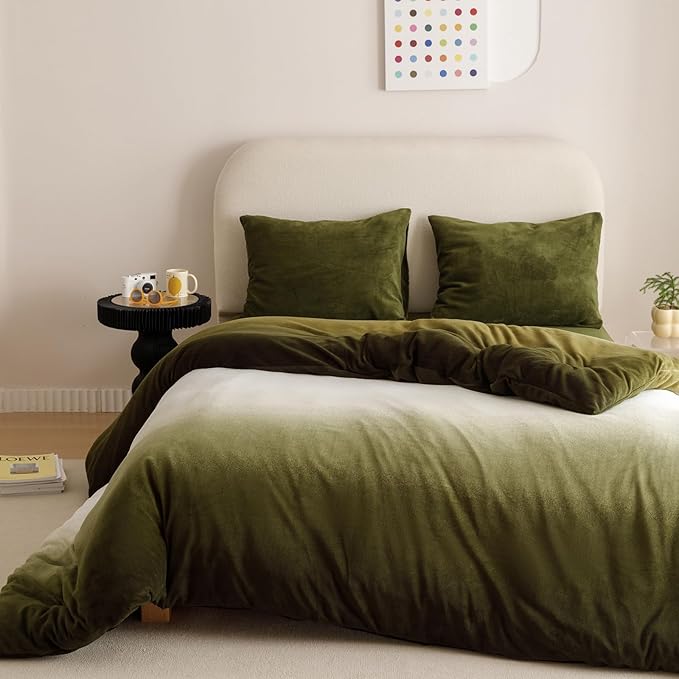 Wellboo Army Green Gradient Comforter Sets Queen Green White Fluffy Bedding Comforters Modern Gradient Dark Green Flannel Quilts Farmhouse Abstract Art Watercolor Comforters Sherpa Fuzzy Plush Bedding