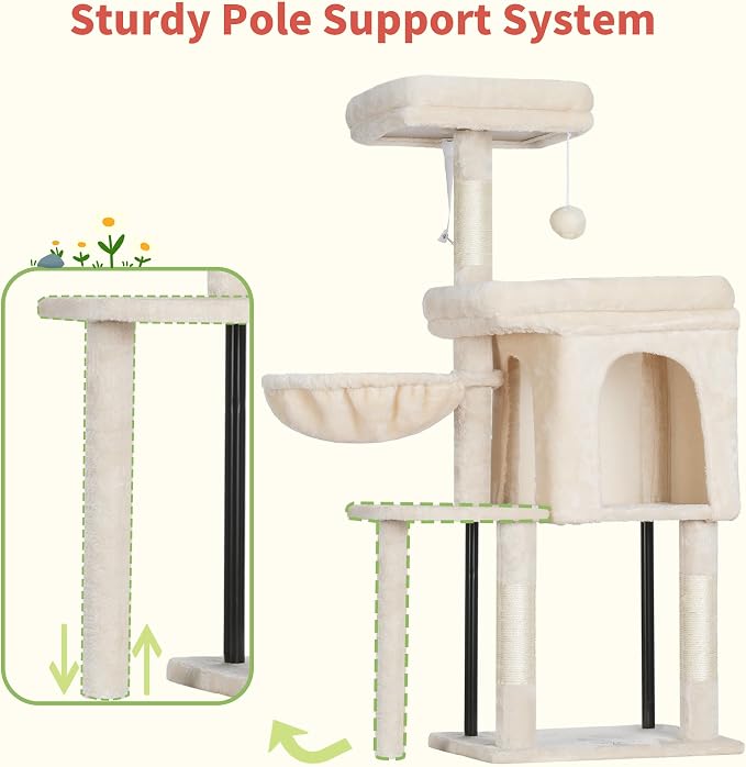 Hey-brother Cat Tree Tower, Scratching Posts with Cozy Condo, Padded Bed, Hammock, Plush Perch, Sisal Post and Ball for Indoor Kittens, 44.9 Inches, Beige MPJ009SM