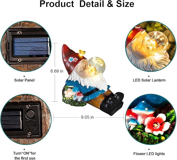 Gnome Solar Garden Statue with LED Light - Waterproof Outdoor Decoration for Terrace, Courtyard & Lawn for Moms & Women