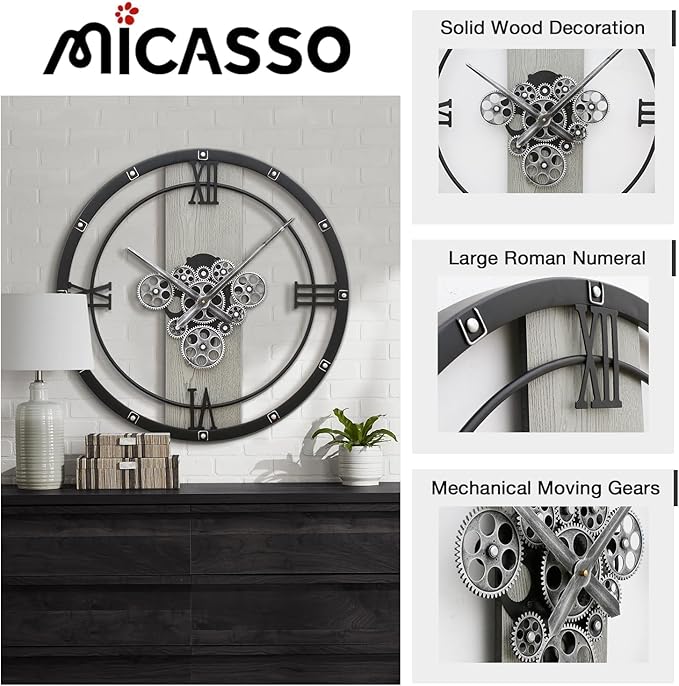 Micasso 24 inch Large Real Moving Gears Wall Clock: Black Industrial Steampunk Roman Numeral Clock - Modern Wall Decor for Living Room/Entryway/Office