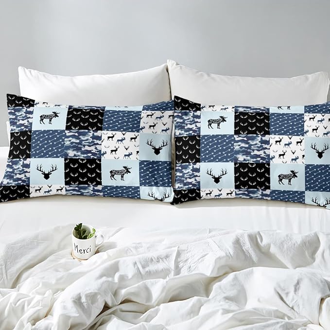 Cute Deer Comforter Set Twin, Military Camo Bedding Set for Kids Boys Teens Bedroom Tribal Animal Antlers Silhouette Quilted Comforter Checkered Plaid Arrows Bedding Comforters, Army Blue and White