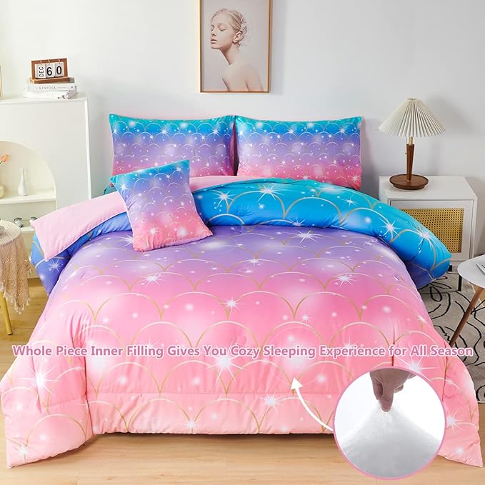 PERFEMET Pink Purple Mermaid Comforter Queen Size 6 Pieces Girls Bedding Set Colorful Rainbow Ombre Bed in A Bag Mermaid Scale Print Queen Comforter Set with Sheets