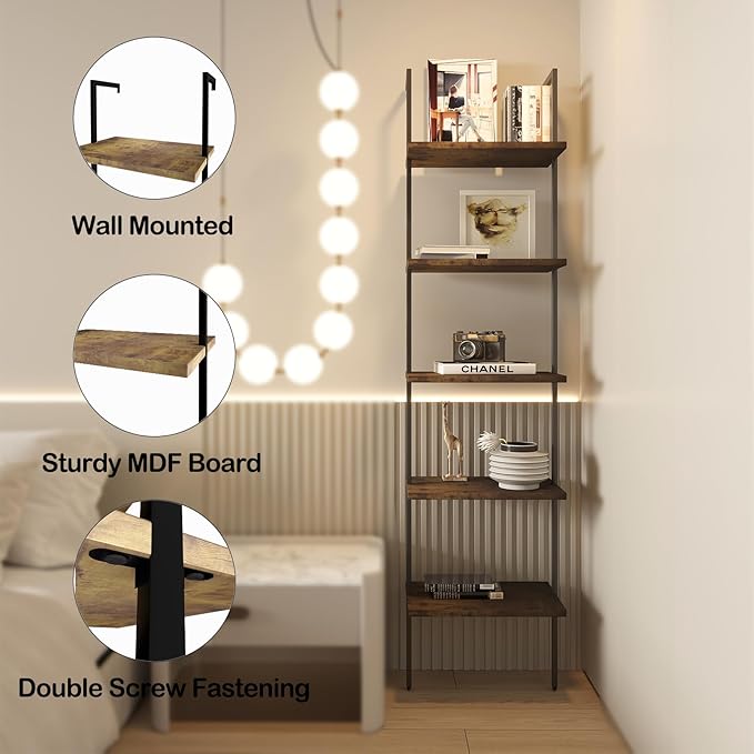 Ladder Shelf 5 Tiers Metal Industrial Bookshelf,Rustic Brown Wood Tall Open Storage Rack and Display Shelves,Wall Mount Wide Book Case for Home Office Bedroom,Small