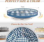Blue and White Checkerboard Lazy Susan with Rubberwood Base and Metal Rail | Smooth rotating oak tray with walnut finish for dining tables, kitchen counters, pantries and cabinet storage.