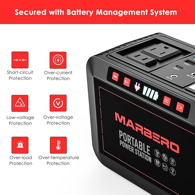 MARBERO 200W Portable Power Station 148Wh Camping Solar Generator Laptop Power Bank with AC Outlet 110V, DC, USB QC3.0, LED Flashlights for CPAP Home Outdoor Trip Emergency Backup