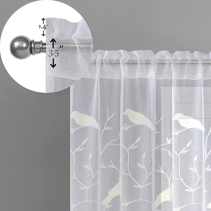 White Sheer Curtains 63 inches Length Birds Embroidered Window Treatment Curtain Sheer Voile Panels for Kitchen, Liviging Room, Bedroom, Small Windows, 42x63, Set of 2