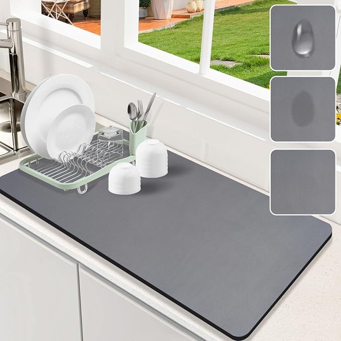 Dish Drying Mat for Kitchen Counter, 17x31.5 Pad with Rubber Backed (Grey) | Hide Stain Anti Absorbent for Kitchen Counter, Non-slip Drying Mat for Coffee Machine Dish Rack