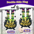 Halloween Lighted Garden Flag for Outside, Witch Feet Shape Flag Yard Decor, 8 Modes Double Sided Cauldron Eyeball Black Cat Outdoor Hlloween Decorations for Home Porch (Warm White-28x40)