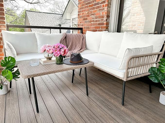 YITAHOME 4 Pieces Patio Furniture Set, Outdoor Rattan Woven Conversation Sectional L-Shaped Sofa with 5 Seater for Backyard, Porch, Boho Detachable Lounger with Cushions and Side Table - Beige