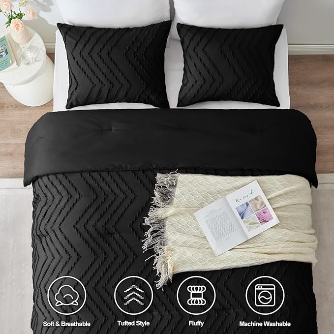 CozyLux Queen Comforter Set Black - 3 Pieces Black Boho Tufted Shabby Chic Bedding Comforter Set for All Seasons, Chevron Bedding Sets with Comforter & 2 Pillow Shams