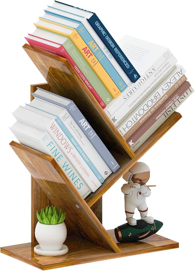 Tree Bookshelf, 3-Tier Small Book Storage Organizer Shelves Floor Standing Bookcase, Wood Storage Rack for Office Home School Shelf Display for Cd/Magazine(Rustic Brown)