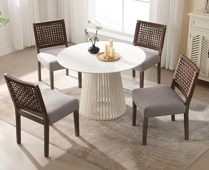 Kmax Farmhouse Dining Chairs Set of 4, Rustic Kitchen Chairs with Linen Fabric Seat and Woven Back, Vintage Accent Chairs for Dining Room, Living Room, Grey