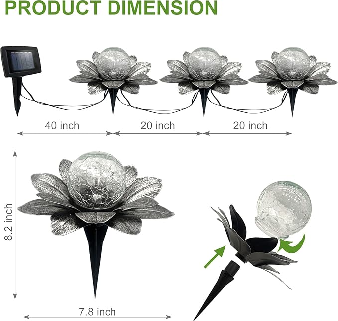 LEWIS&WAYNE Solar Garden Lights Outdoor, 3 Pcs Silver Gray Lotus Flower Pathway Lamps with Cool White Crackle Glass Globe Led Lights for Patio Pathway Yard Balcony Garden Decorations