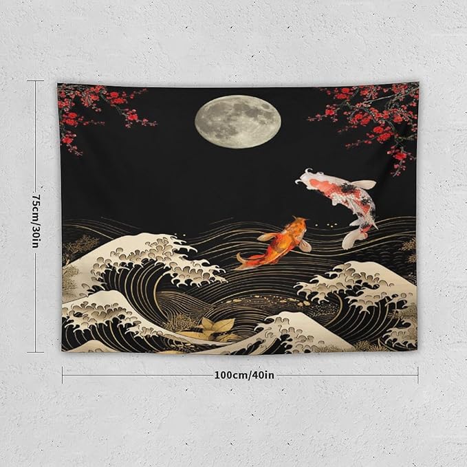 Houselerax Koi Fish Tapestry, Japanese Style Yin Yang Big Wave Cherry Blossom Tapestries Wall Hanging for Bedroom Living Room Office Decor 40"x30"