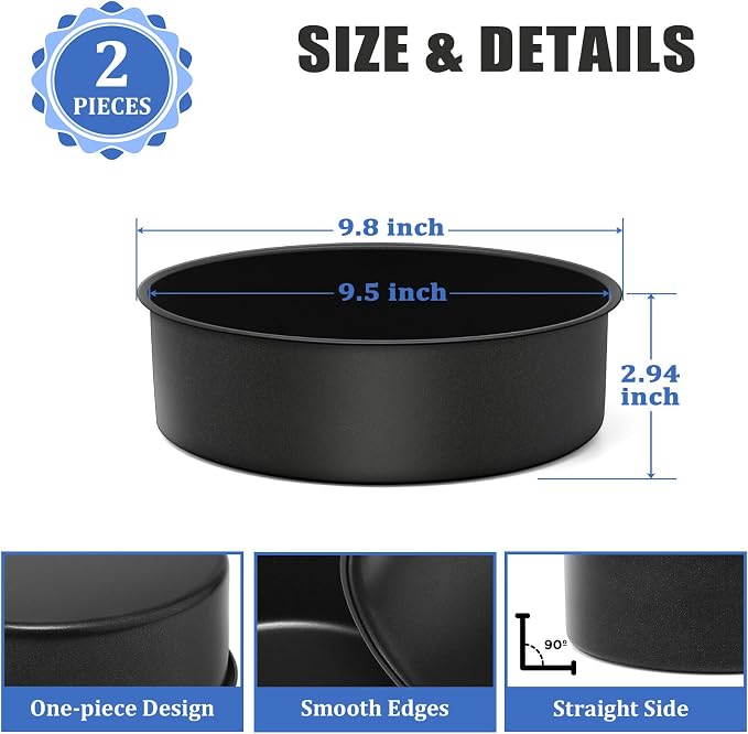 P&P CHEF 9.5 Inch Cake Pan Set, 2Pcs Non-stick Round Baking Cake Pans Tins | Stainless Steel Core & Nonstick Coating, Good for Baking Layer Tier Cakes for Birthday Wedding, Deep Side & One-piece Design