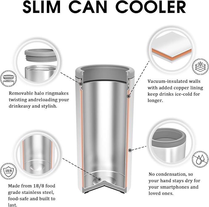 TILUCK Skinny Can Cooler, Stainless Steel Insulated Slim Cans, 12 oz | Beer & Hard Seltzer, Doucle-Walled Stainless Steel Insulated Slim Cans, Slim 12 oz(Glitter Black)