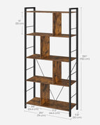 VASAGLE Bookshelf, 5-Tier Bookcase, Storage Shelving Unit, Display Shelf with Open Compartments for Living Room Home Office, Bedroom, Industrial, 11.8" D x 29.1" W x 59.1" H, Rustic Brown + Black