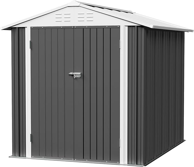 JUMMICO Metal Outdoor Storage Shed 6 x 8 FT Metal Shed with Lockable Door,Waterproof Garden Tool Shed Storage House for Backyard Patio Lawn,Grey