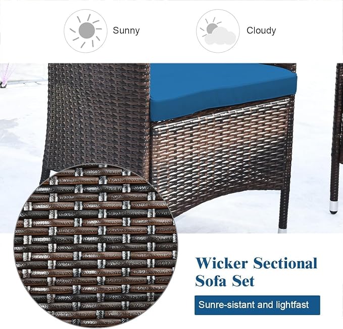 Goplus 4-Piece Rattan Patio Set, Outdoor/Indoor Wicker Conversation Set for Pool, Backyard, Lawn, Wicker Chairs and Sofa with Soft Cushion, Rattan Furniture with Tempered Glass Coffee Table