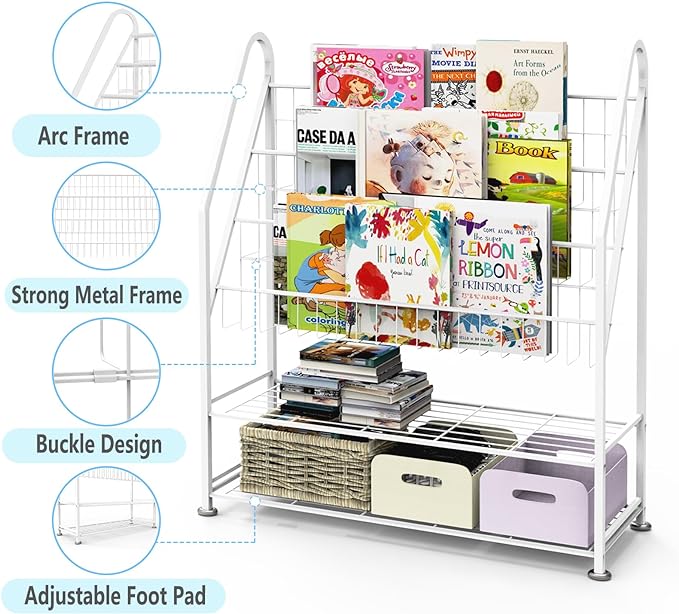 Kids Bookshelf Freestanding for Children Room 32 Inches White Metal Bookcase Large Capacity Books Toys Organizer Stable 5 Tiers Kids Book Rack for Playroom Bookstore Library.